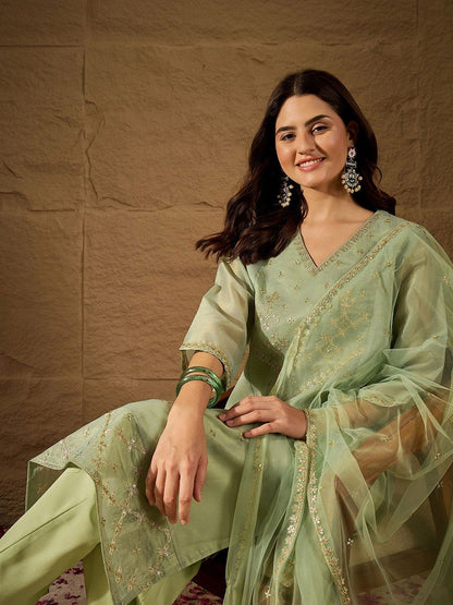 Dhiyona PD Women Floral Embroidered V-Neck Chanderi Cotton Kurta & Trousers With Dupatta