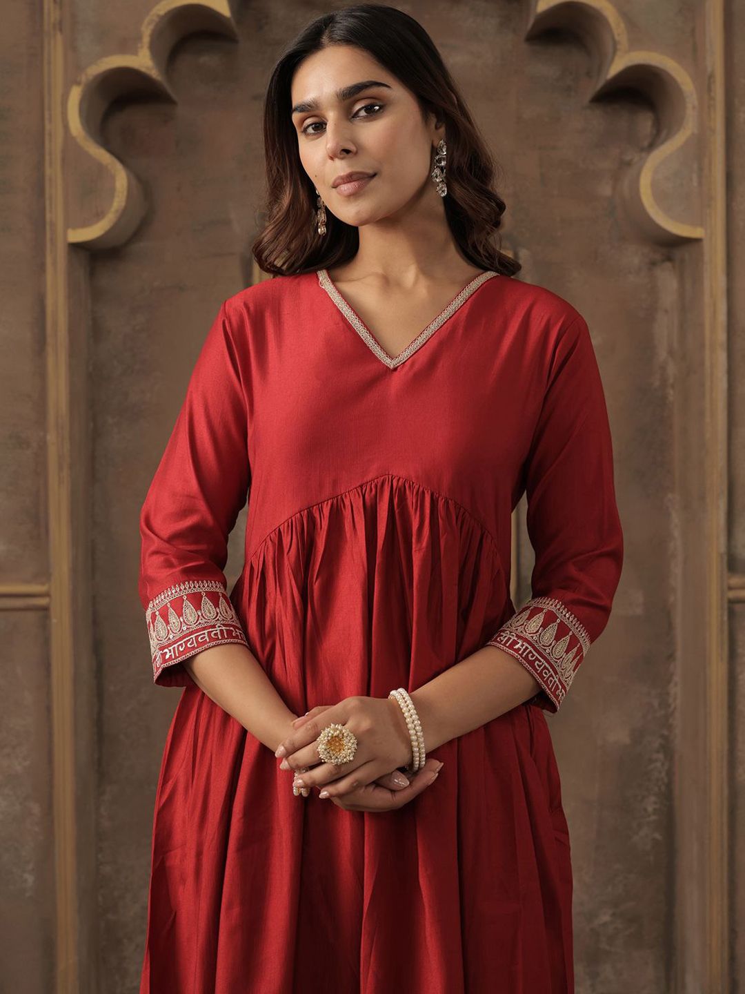 Dhiyona IE V-Neck Pleated A-Line Kurta With Trousers