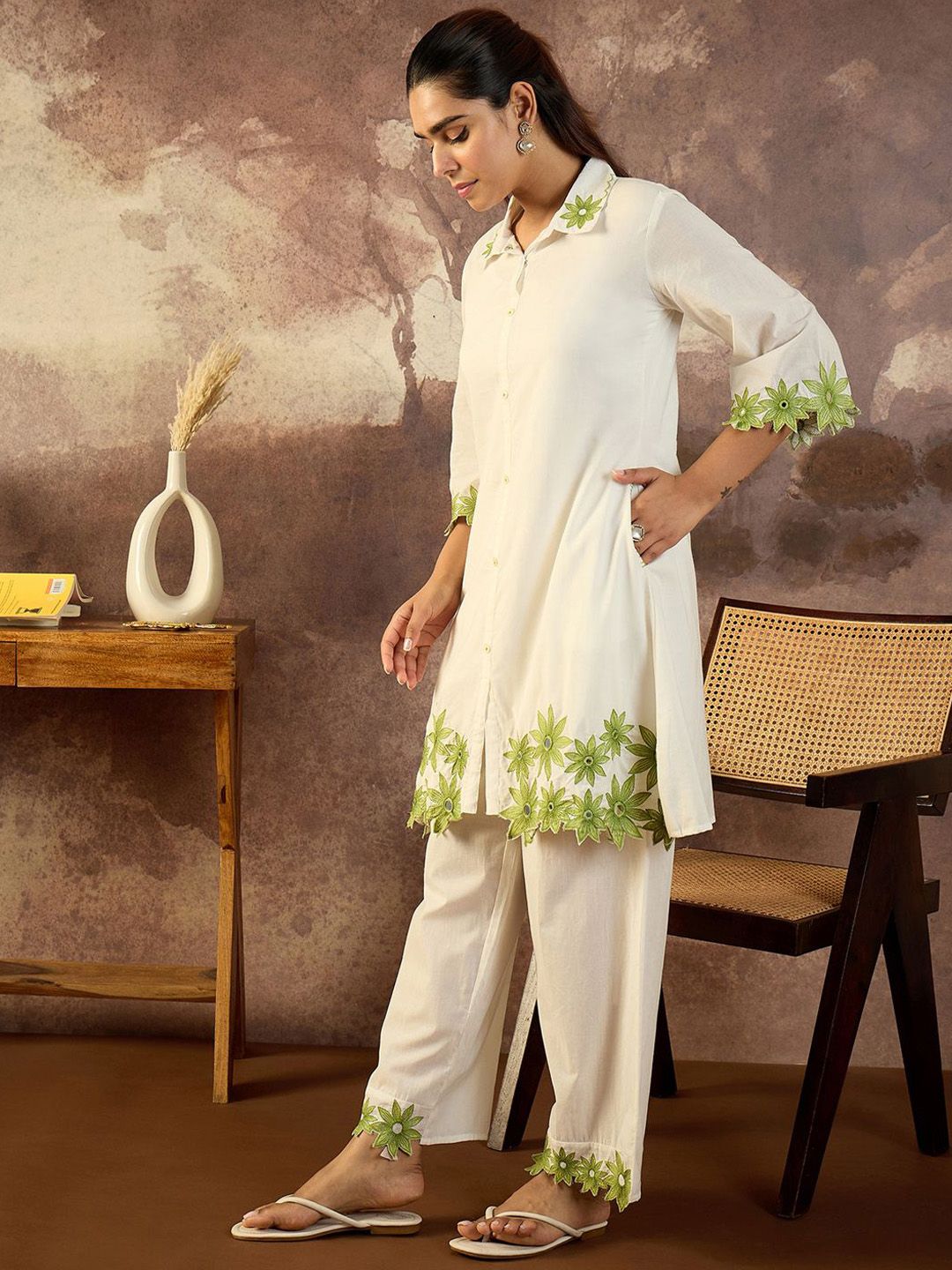 Dhiyona IE Embroidered A-Line Pure Cotton Tunic With Trousers