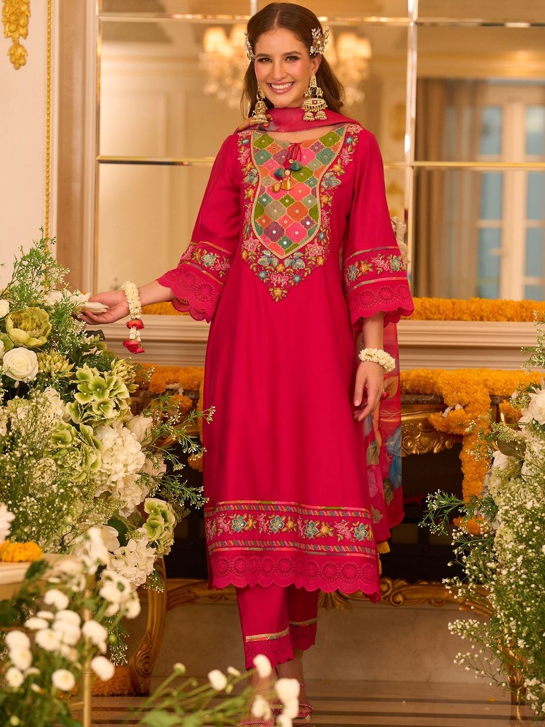 Dhiyona IE Floral Embroidered Thread Work A-Line Kurta With Trousers & Dupatta