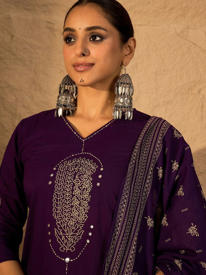 Women Ethnic Motifs Embroidered Regular Thread Work Pure Cotton Kurta with Trousers & With Dupatta