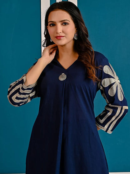 Dhiyona IE Embroidered Pure Cotton V-Neck Top With Trousers Co-Ords