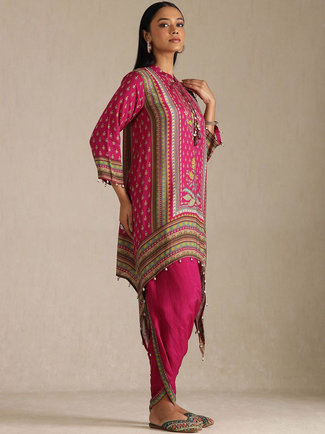 Dhiyona SO Women's Women Ethnic Motifs Printed Tie-Up Neck Regular Kurta with Dhoti Pants