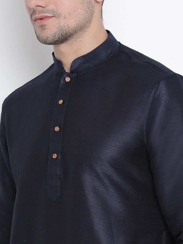 Men's Dark Blue Silk Blend Pathani Kurta and Dhoti Set