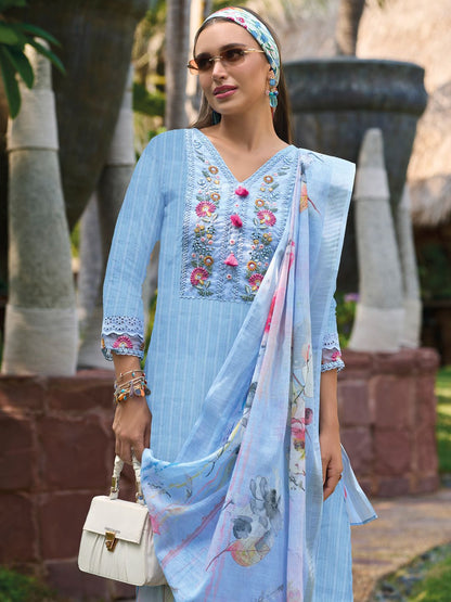 Floral Embroidered Pure Cotton Kurta With Trousers & Dupatta