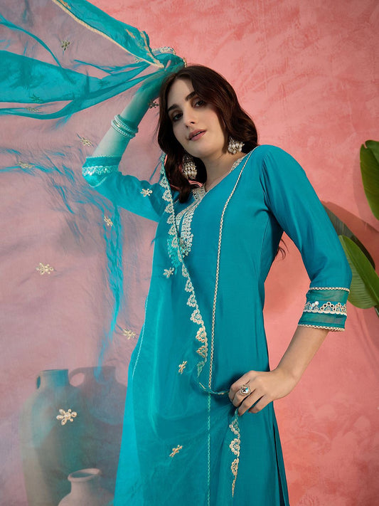 Dhiyona SN Women's Solid Embroidered Kurta with Trousers & Dupatta