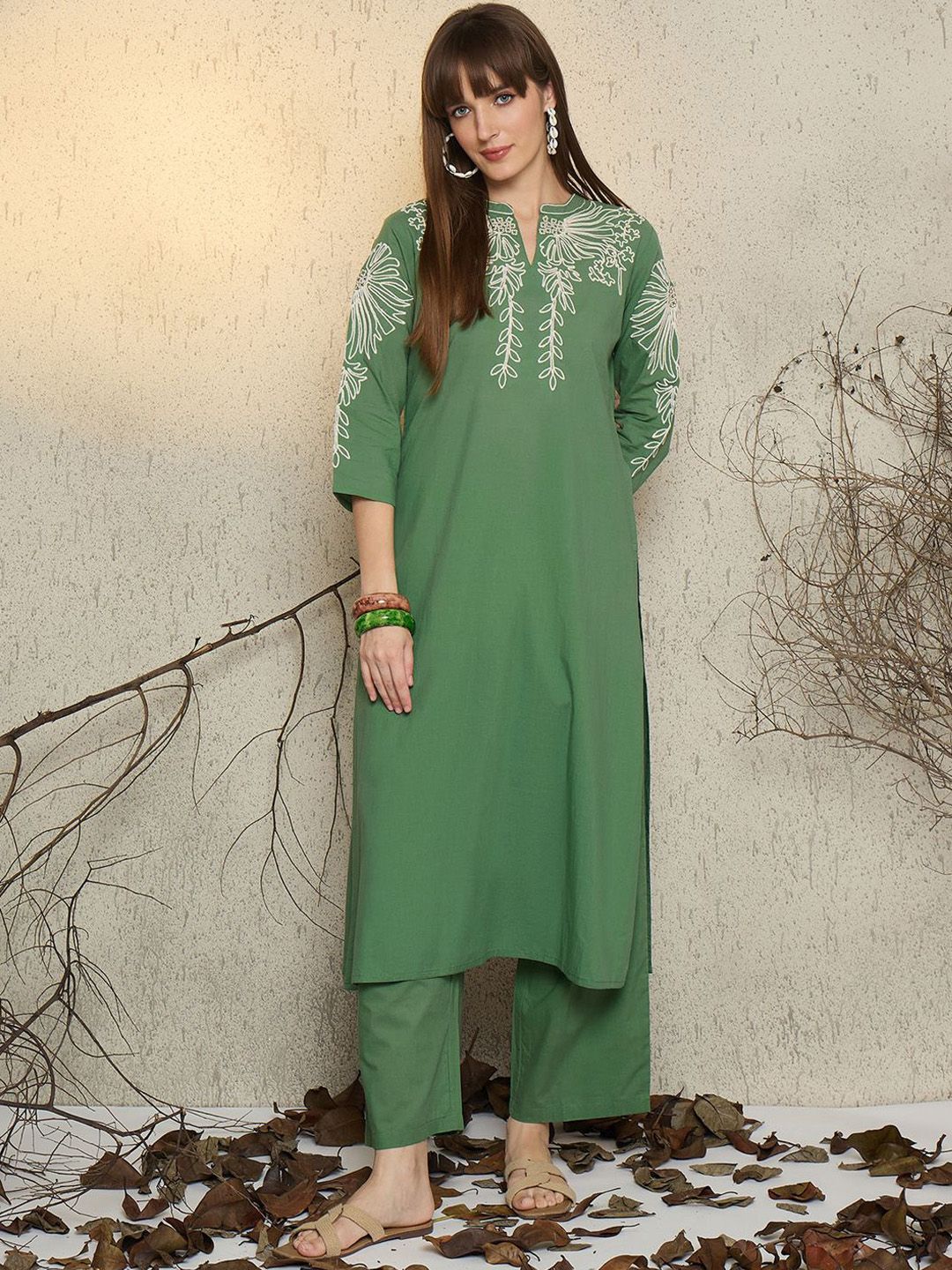 Dhiyona IE Women Embroidered Mandarin Collar Cotton Top and Trousers Co-Ords