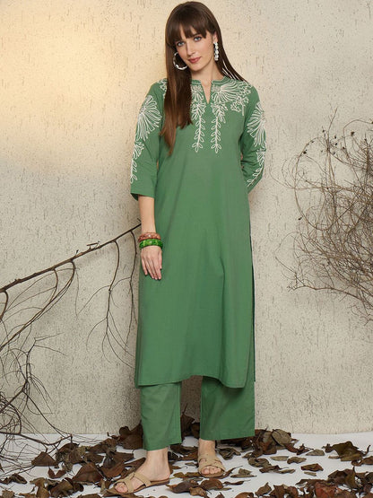 Dhiyona IE Women Embroidered Mandarin Collar Cotton Top and Trousers Co-Ords