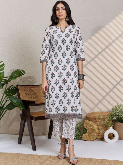 Women Floral Printed Cotton Kurta with Trousers & Dupatta