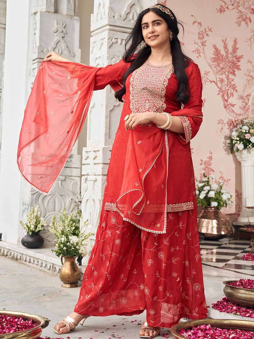 Dhiyona CH Women Ethnic Motifs Embroidered Thread Work Kurta with Sharara & With Dupatta