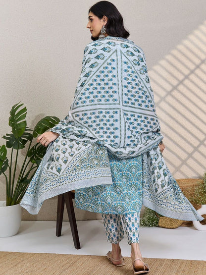 Ethnic Motifs Printed Thread Work Pure Cotton Kurta With Trousers &