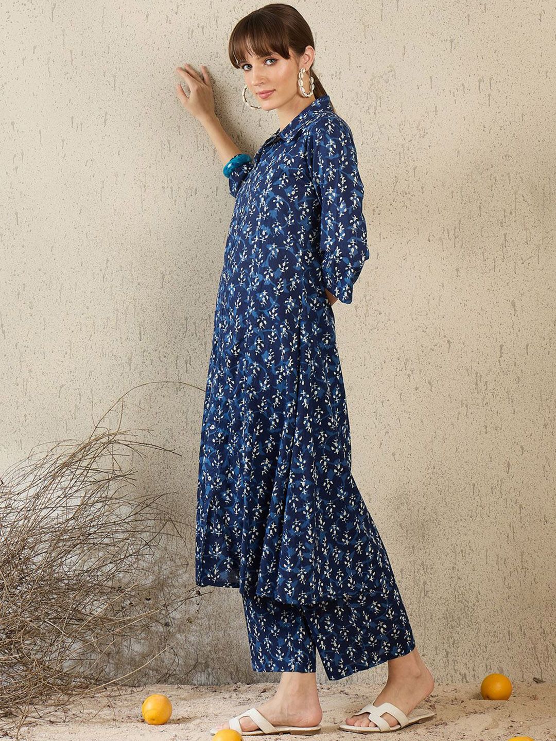 Geometric Printed Shirt Collar A-Line Pure Cotton Kurta With Palazzos