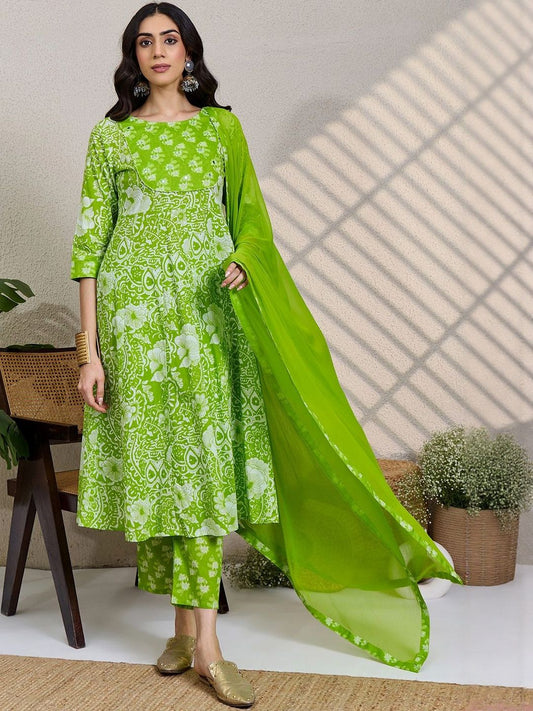 Women Floral Printed Cotton A-Line Kurta with Trousers & Dupatta