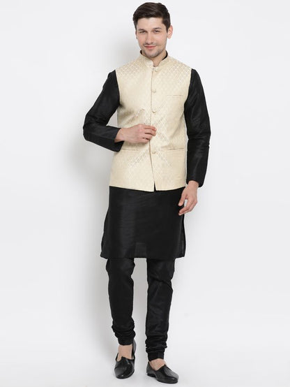 Men's Black Silk Blend Straight Jacket  Kurta and Pyjama Set