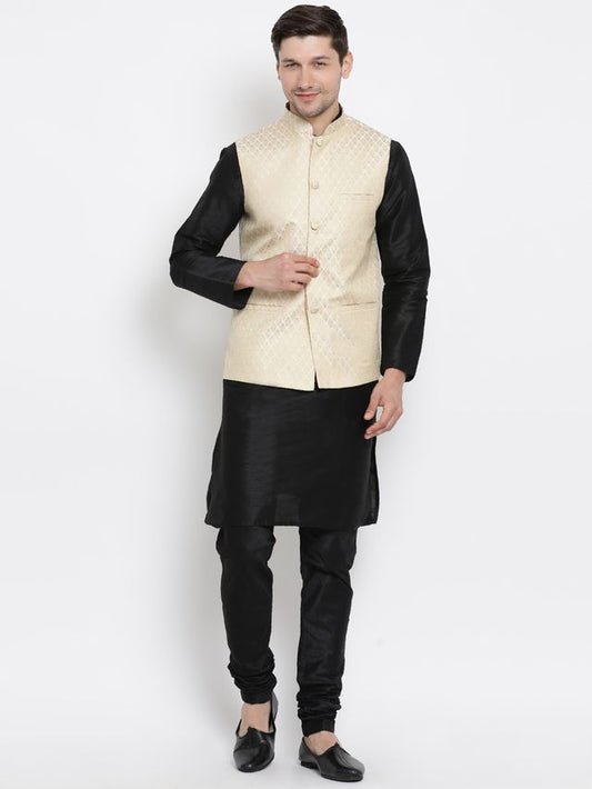Men's Black Silk Blend Straight Jacket  Kurta and Pyjama Set