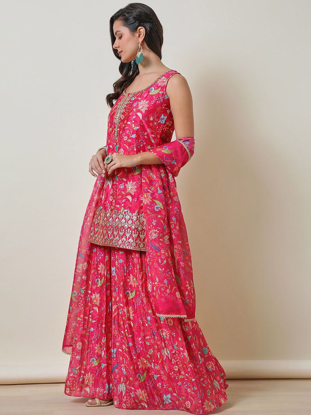 Dhiyona SO Women's Floral Embroidered Regular Zardozi Straight Kurti with Palazzos & Dupatta