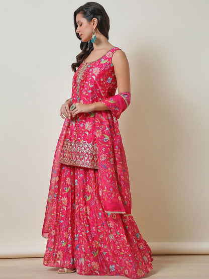 Dhiyona SO Women's Floral Embroidered Regular Zardozi Straight Kurti with Palazzos & Dupatta