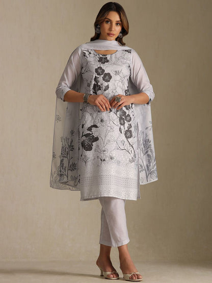 Dhiyona SO Women's Women Floral Printed Embroidered Beads and Stones Kurta with Trousers & Dupatta