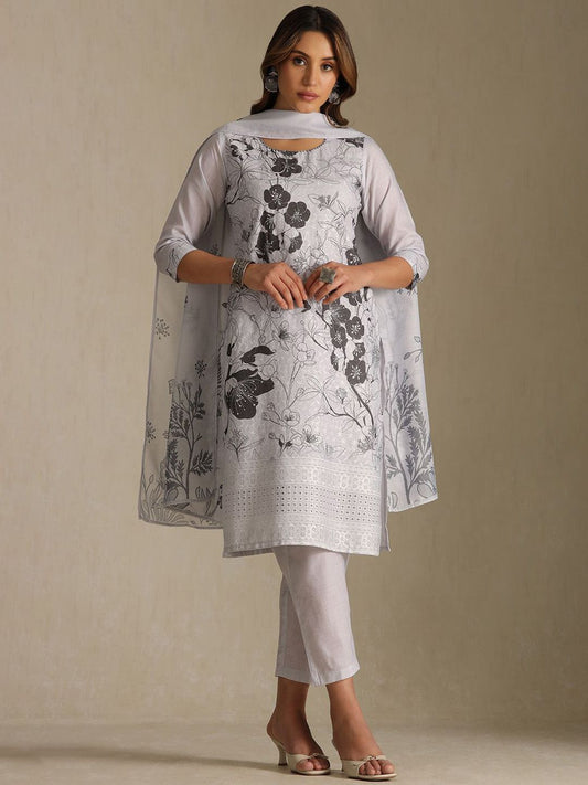Dhiyona SO Women's Women Floral Printed Embroidered Beads and Stones Kurta with Trousers & Dupatta