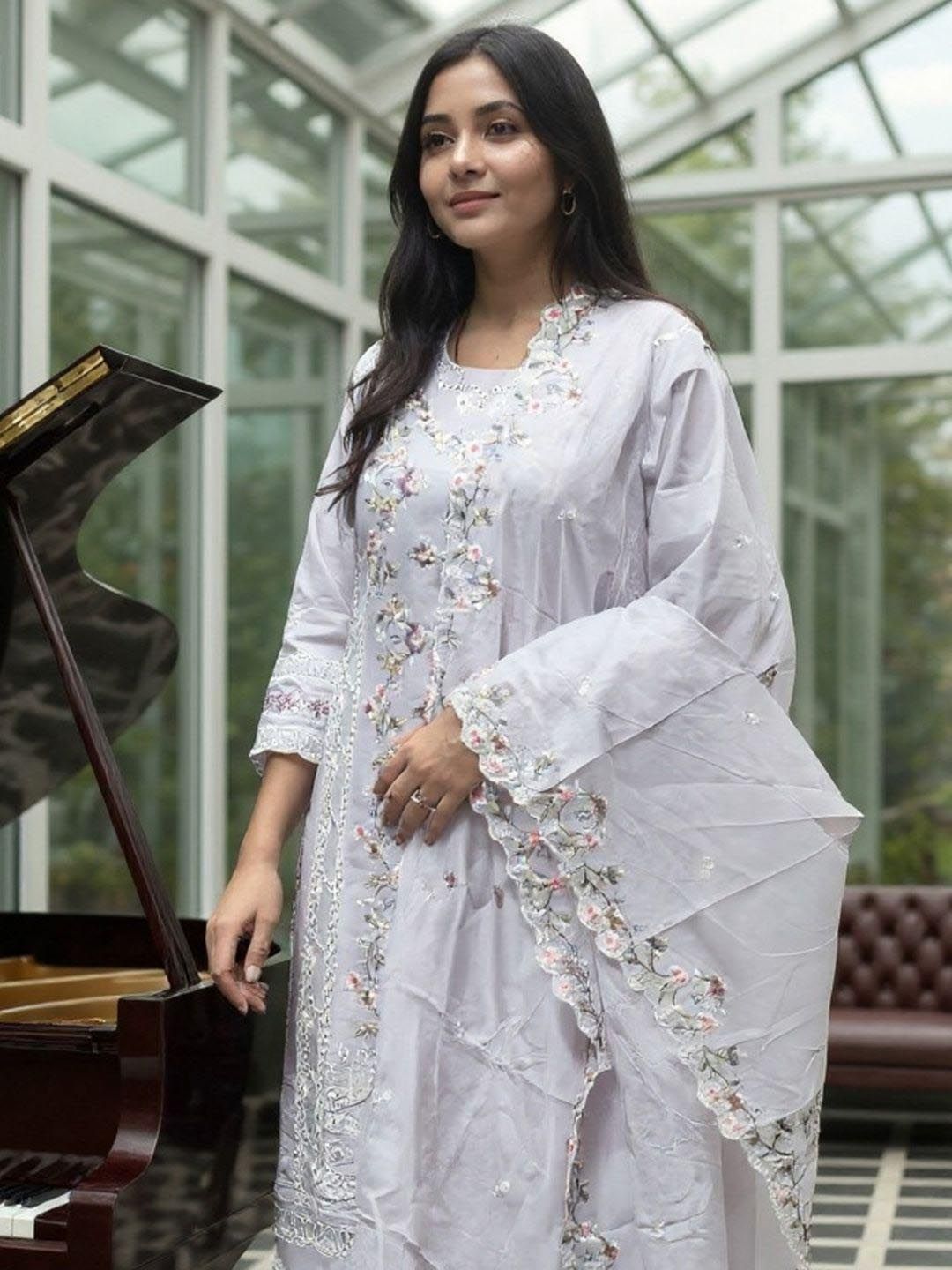 Dhiyona IE Floral Embroidered Thread Work Pure Cotton Kurta With Trousers & Dupatta