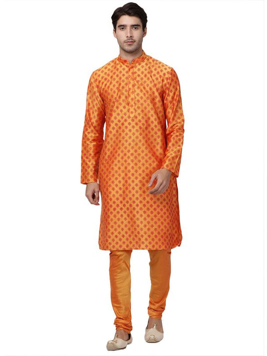 Men's Orange Cotton Blend Straight Kurta Pyjama Set