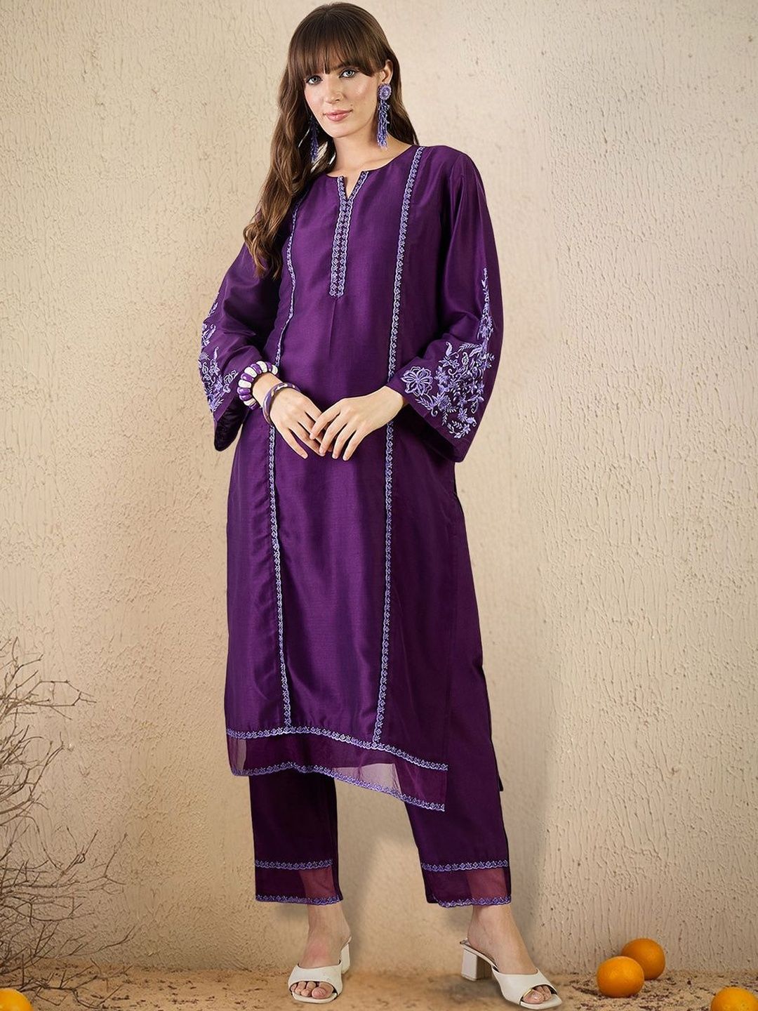 Dhiyona IE Women Ethnic Motifs Embroidered Regular Thread Work Kurta with Trousers