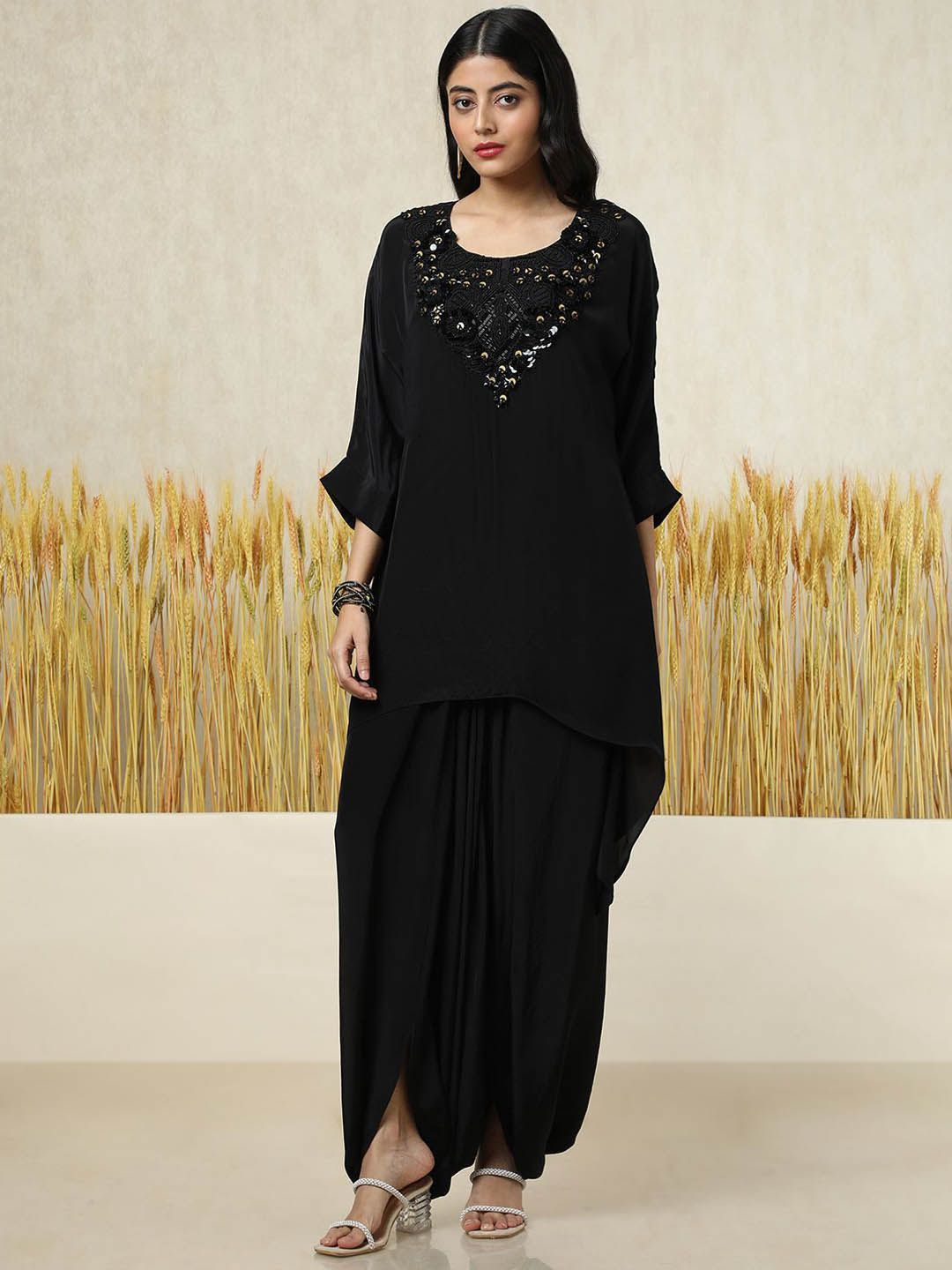 Dhiyona SO Women's Floral Embroidered Square Neck Layered A-Line Kurti With Dhoti Pants