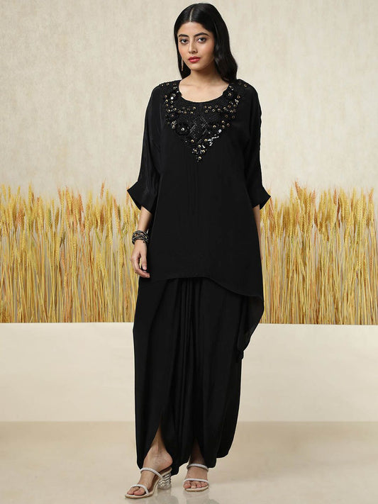 Dhiyona SO Women's Floral Embroidered Square Neck Layered A-Line Kurti With Dhoti Pants