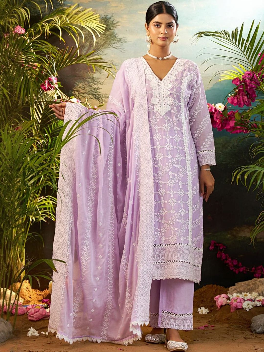 Dhiyona IE Women Ethnic Motifs Embroidered Regular Chikankari Pure Cotton Kurta with Trousers & With Dupatta