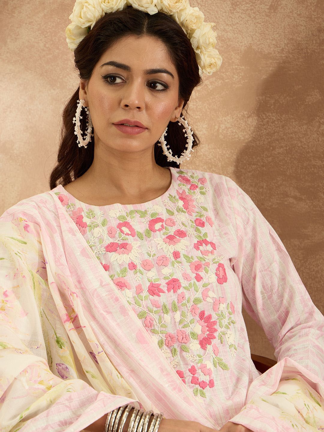 Dhiyona IE Women Floral Embroidered Thread Work Pure Cotton Kurta with Trousers & Dupatta