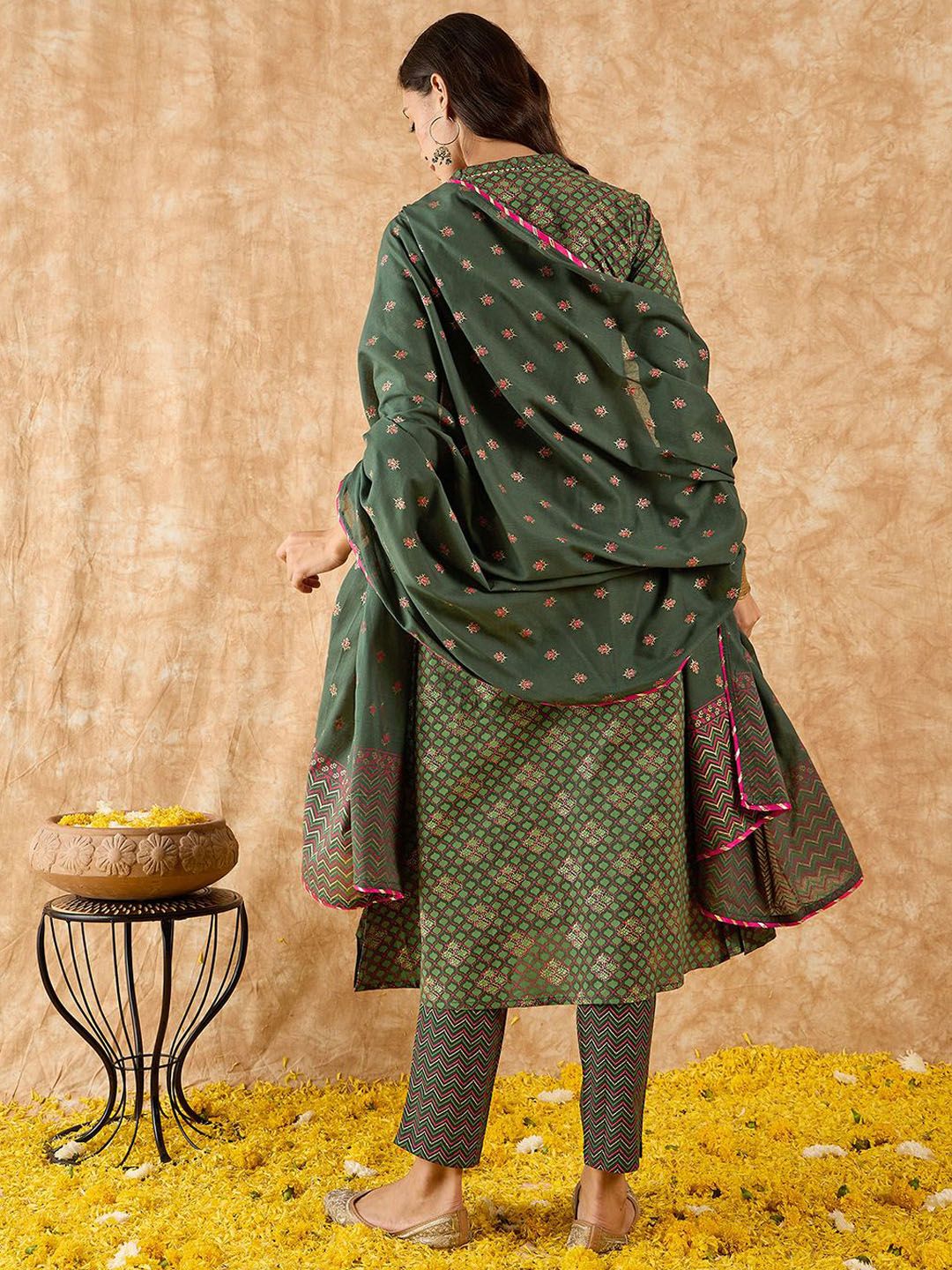 Floral Printed A-Line Sequinned Kurta with Trousers & Dupatta