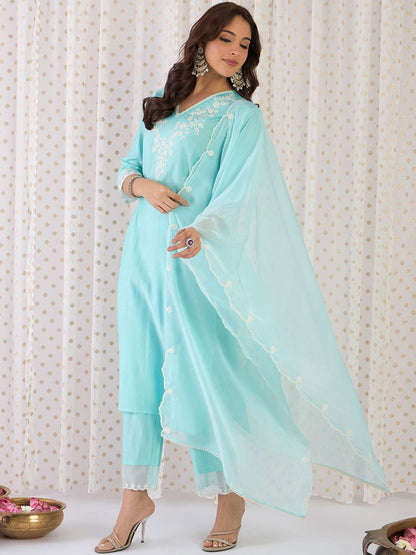 Dhiyona IE Floral Yoke Design Liva Straight Kurta With Trousers & Dupatta