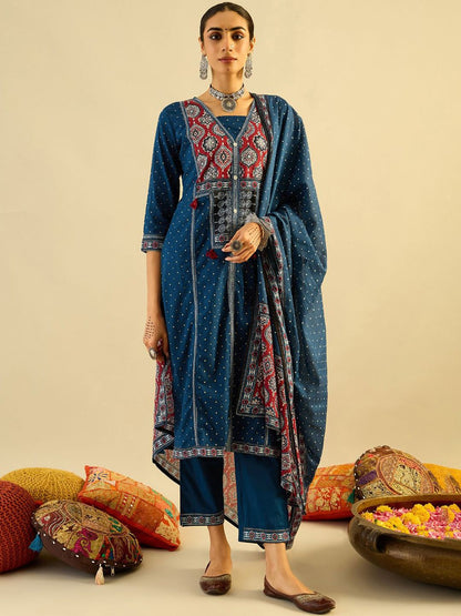 Dhiyona IE Ethnic Motifs Printed Pure Cotton Straight Kurta With Trousers & Dupatta