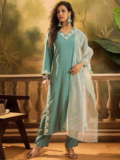 Dhiyona SN Women's Embroidered V-Neck Kurta & Trousers With Dupatta