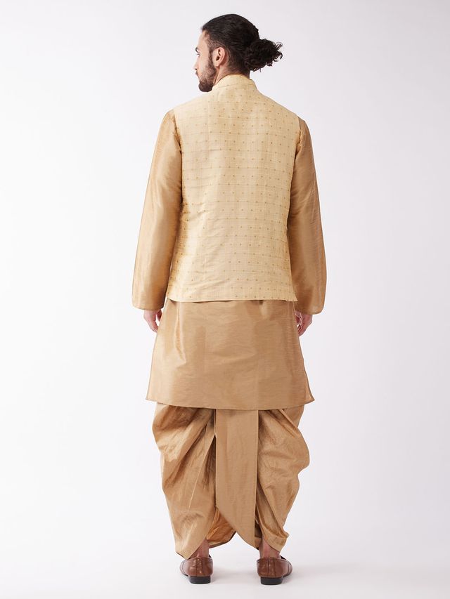 Men's Rose Gold Silk Blend Straight Jacket  Kurta and Dhoti Set
