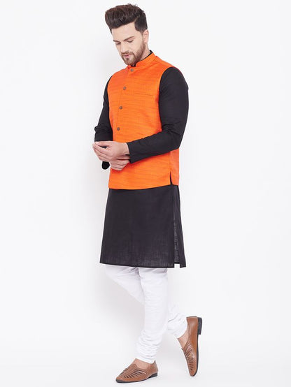 Men's Black Cotton Blend Straight Jacket  Kurta and Pyjama Set