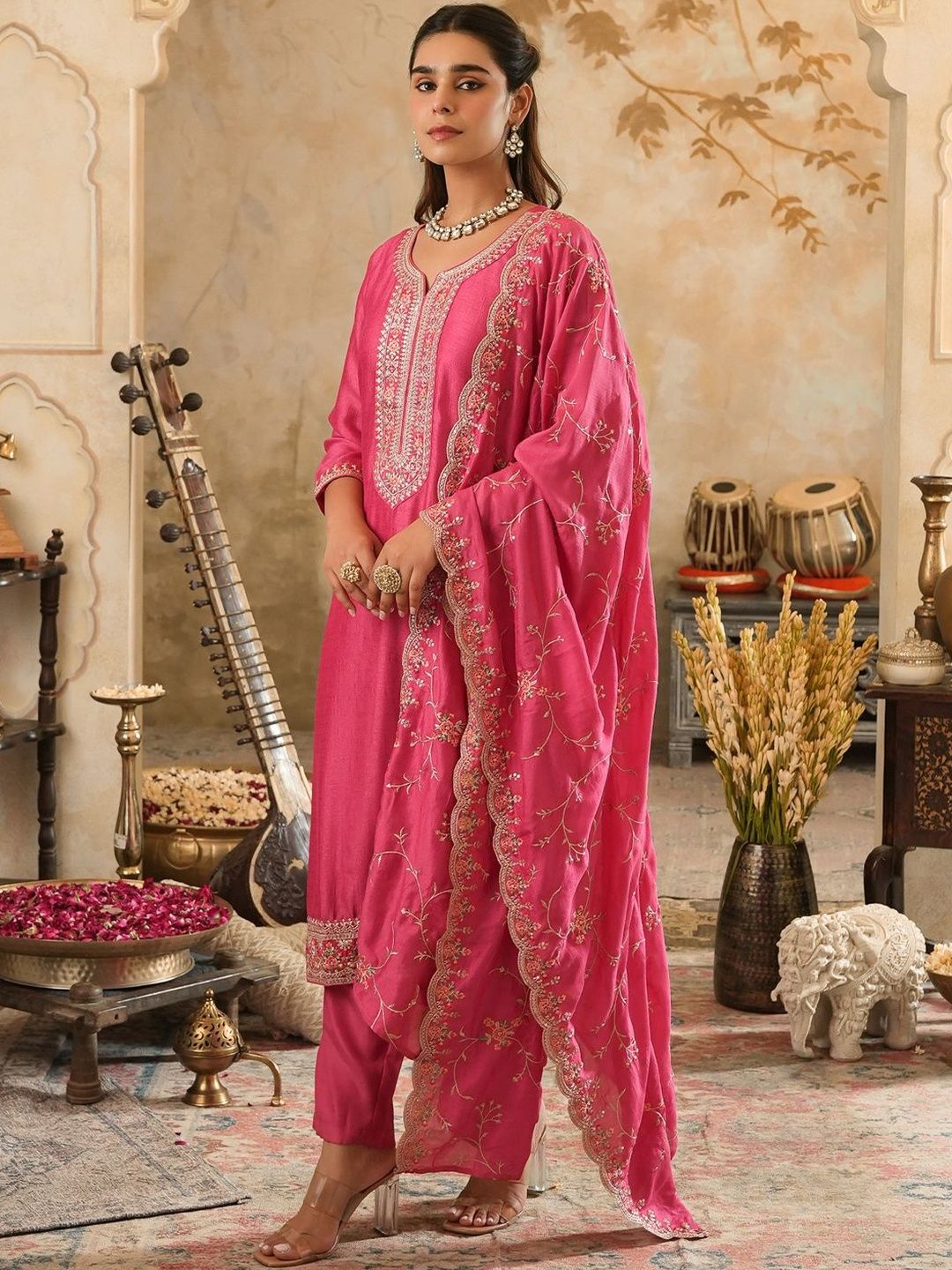 Embroidered Thread Work Kurta with Palazzo & With Dupatta