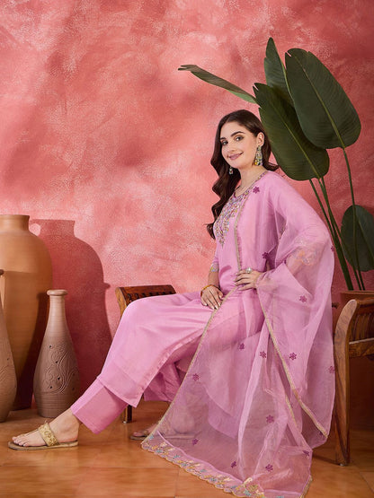 Dhiyona SN Women's Floral Embroidered Round Neck Straight Kurta With Trousers & Dupatta