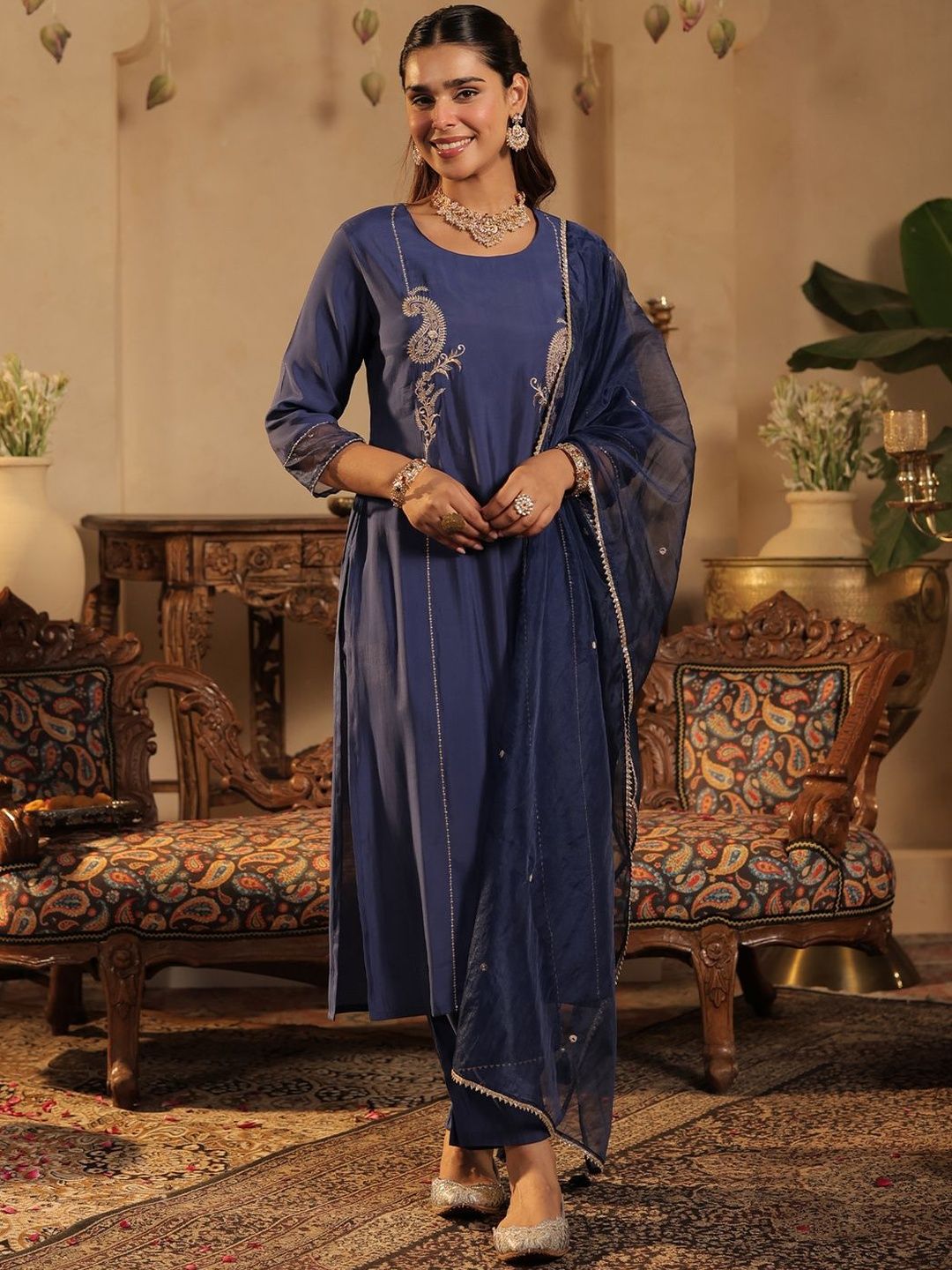 Dhiyona IE Women Paisley Embroidered Sequinned Kurta with Trousers & Dupatta