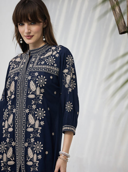 Dhiyona IE Floral Embroidered Mandarin Collar Neck A-Line Tunic With Trousers Co-Ords