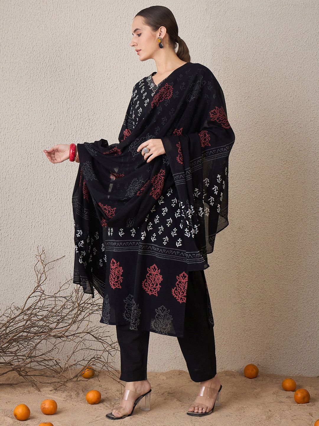 Floral Printed V-Neck Pure Cotton Straight Kurta With Trouser & Dupatta