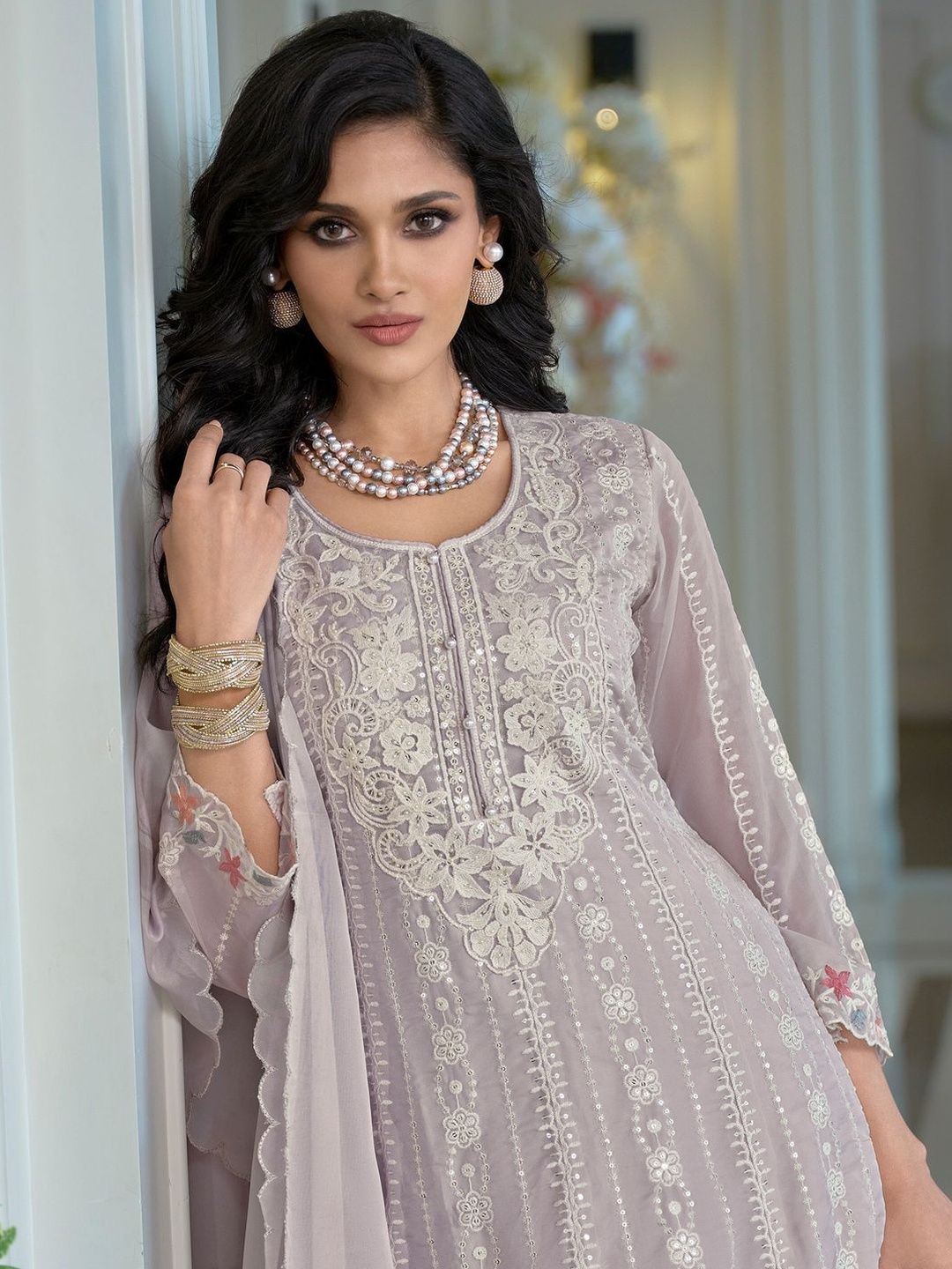 Floral Embroidered Thread Work Organza A-Line Kurta & Trousers With Dupatta