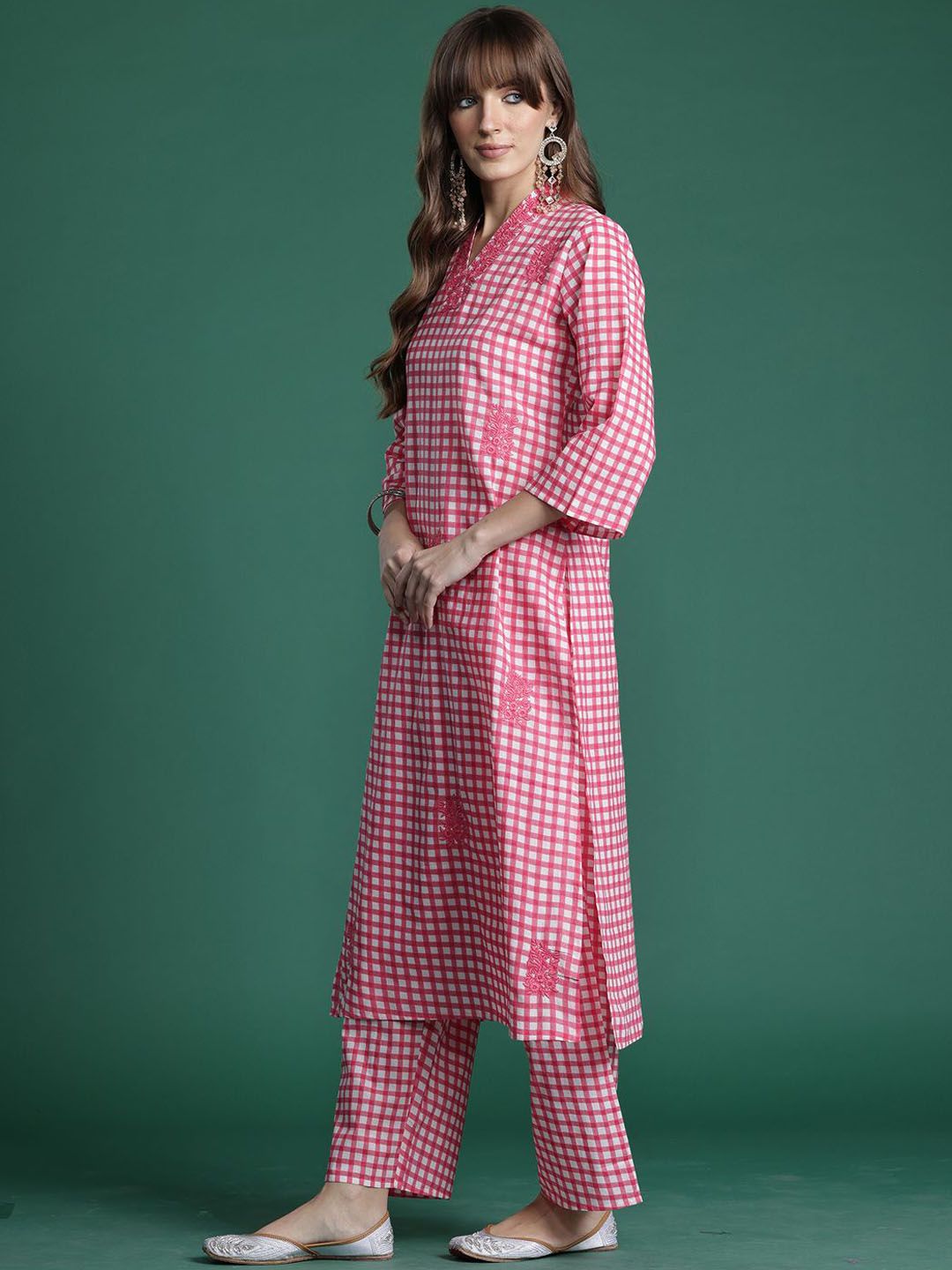 Dhiyona IE Embroidered Checked Pure Cotton V-Neck Straight Top With Trousers Co-Ords