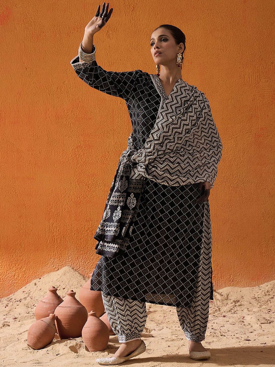 Dhiyona IE Black Geometric Printed V-Neck Pure Cotton Straight Kurta with Salwar & Dupatta