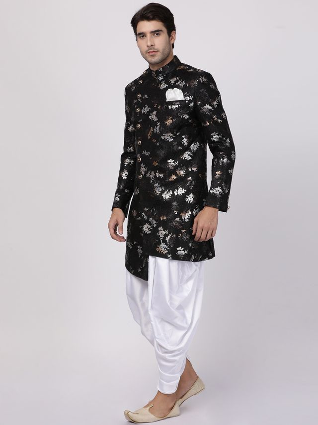 Men's Black Polyester Lurex Blend Asymmetric Sherwani Set