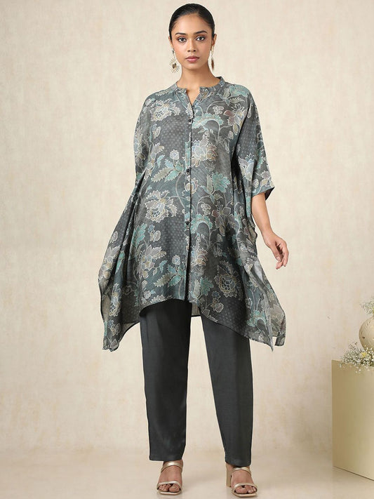 Dhiyona SO Women's Floral Printed Mandarin Collar Pure Cotton Kaftan Kurta With Trousers