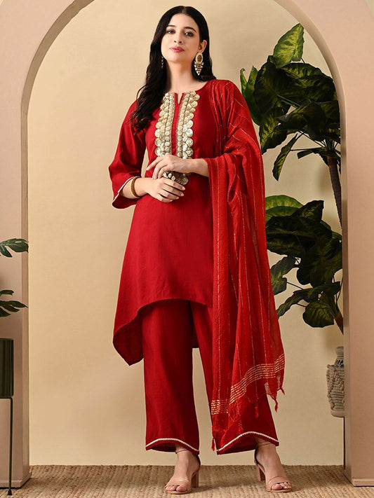 Dhiyona SN Women's Embroidered Keyhole Neck Bell Sleeves Kurta & Palazzos Set with dupatta