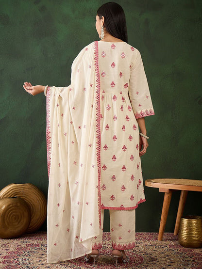 Dhiyona SN Women's Off White Floral Embroidered Pure Cotton Mirror Work Kurta & Trouser With Dupatta