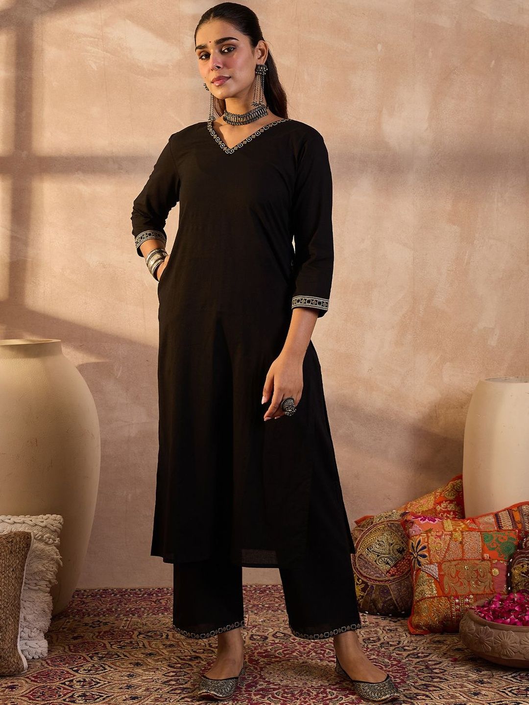 Women Solid Cotton Kurta with Trousers & Dupatta