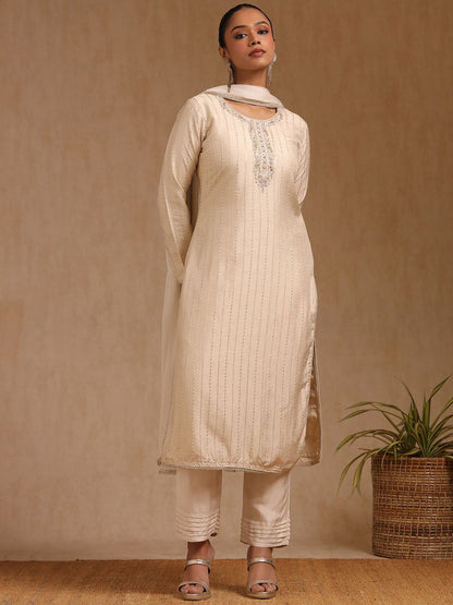 Dhiyona SO Women's Women Woven Design Embroidered Beads and Stone Kurta Set With Dupatta